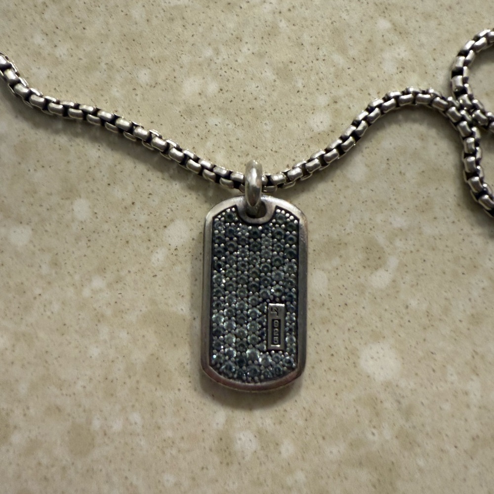 David Yurman Pave Dog Tag Men’s Necklace with Gray Sapphires
